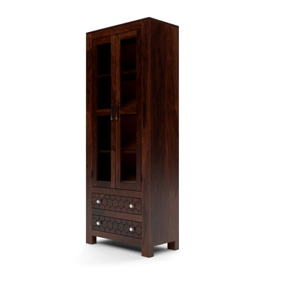 Kevia Sheesham Wood Bookshelf with Acrylic Glass Doors & 2 Drawers (Walnut Finish)