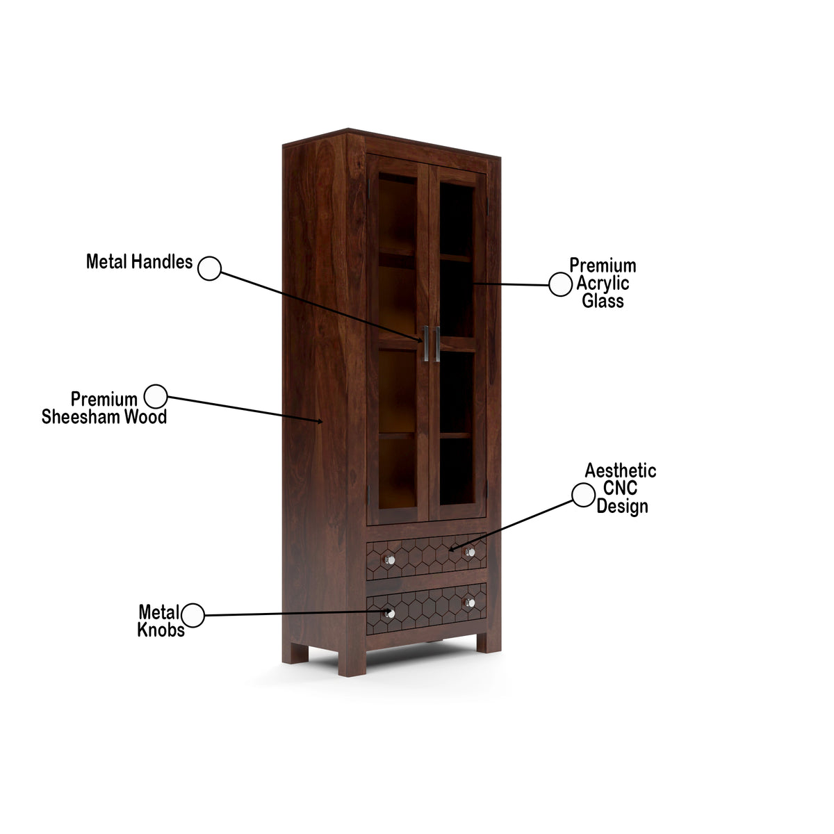 Kevia Sheesham Wood Bookshelf with Acrylic Glass Doors & 2 Drawers (Walnut Finish)