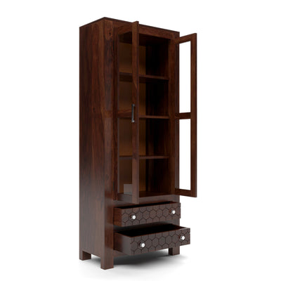 Kevia Sheesham Wood Bookshelf with Acrylic Glass Doors & 2 Drawers (Walnut Finish)