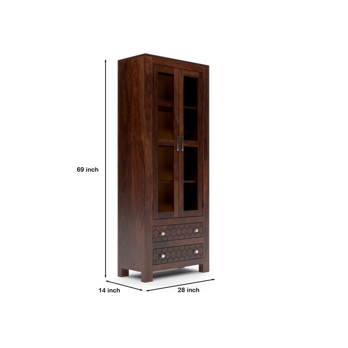 Kevia Sheesham Wood Bookshelf with Acrylic Glass Doors & 2 Drawers (Walnut Finish)