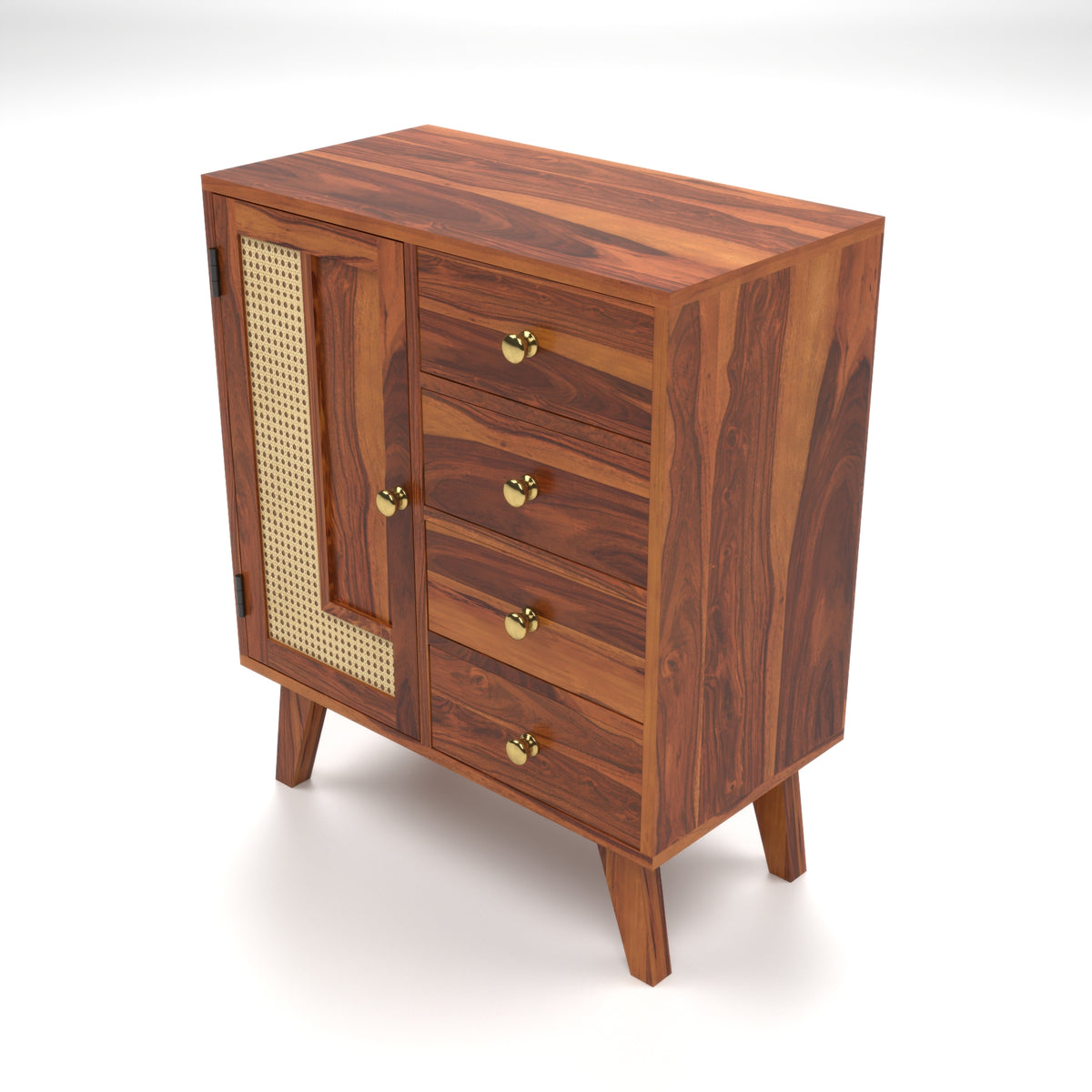 Treordale Sheesham Wood Storage Cabinet with Rattan Cane Door & 4 Drawers (Natural Finish)