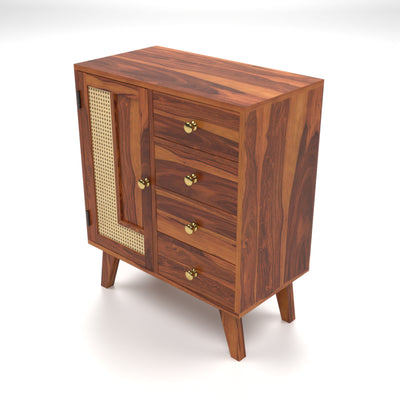 Treordale Sheesham Wood Storage Cabinet with Rattan Cane Door & 4 Drawers (Natural Finish)