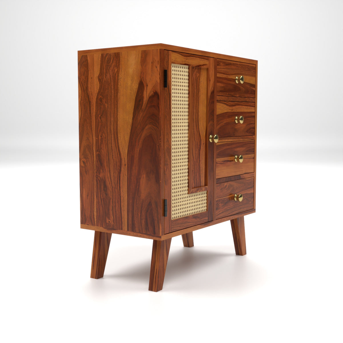 Treordale Sheesham Wood Storage Cabinet with Rattan Cane Door & 4 Drawers (Natural Finish)