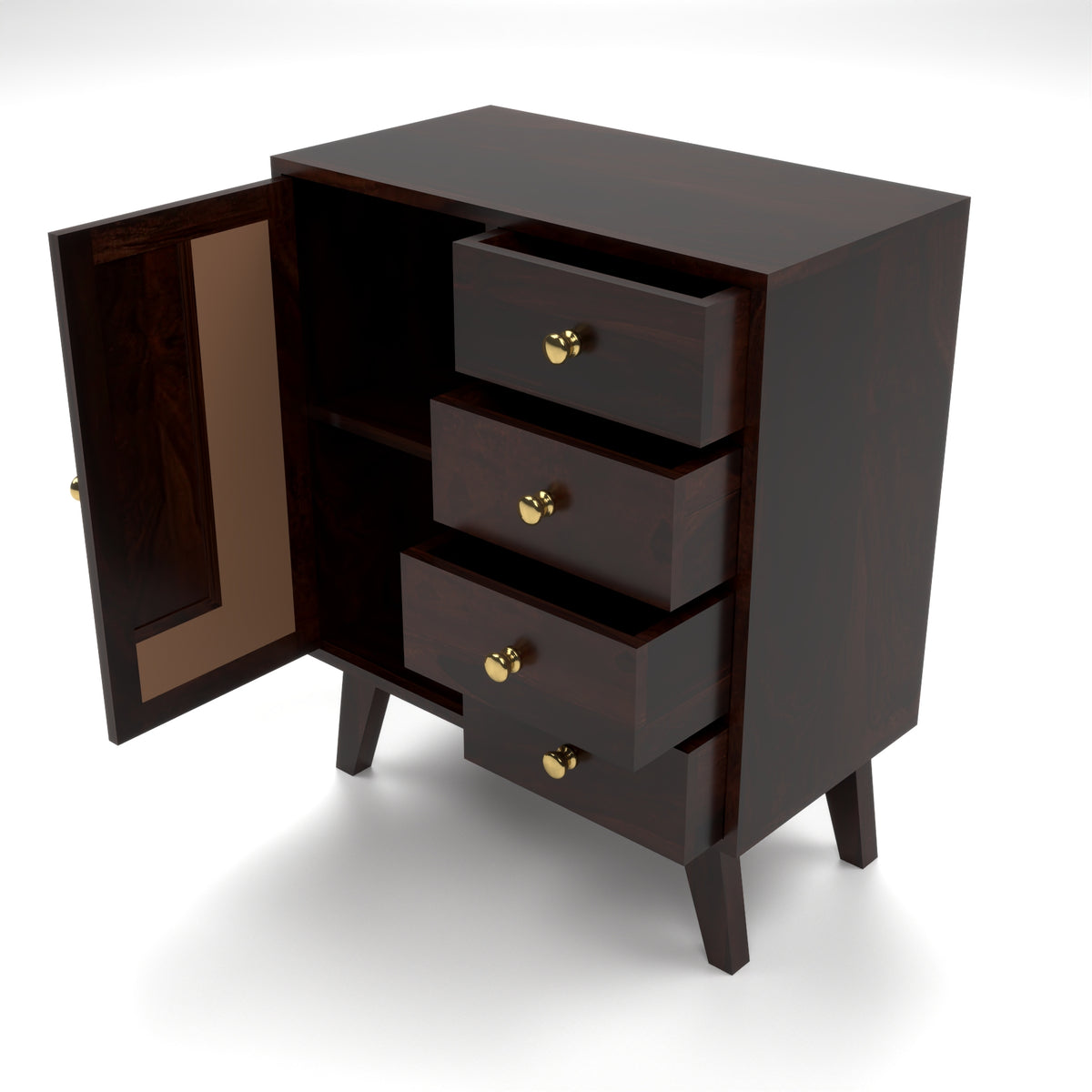 Treordale Sheesham Wood Storage Cabinet with Rattan Cane Door & 4 Drawers (Walnut Finish)