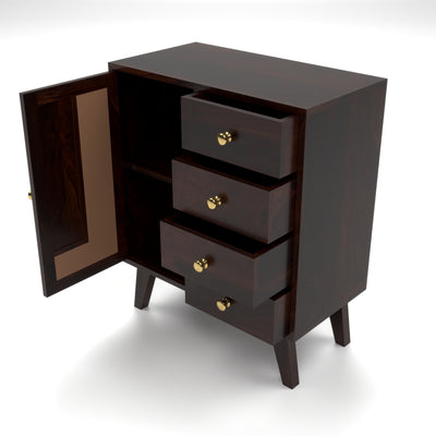 Treordale Sheesham Wood Storage Cabinet with Rattan Cane Door & 4 Drawers (Walnut Finish)
