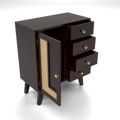 Treordale Sheesham Wood Storage Cabinet with Rattan Cane Door & 4 Drawers (Walnut Finish)