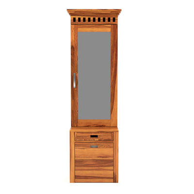 Elmanshire Sheesham Wood Dressing Table with Full-Length Mirror, Multipurpose Storage Shelves, Drawer & Cushioned Seating Stool (Honey Finish)