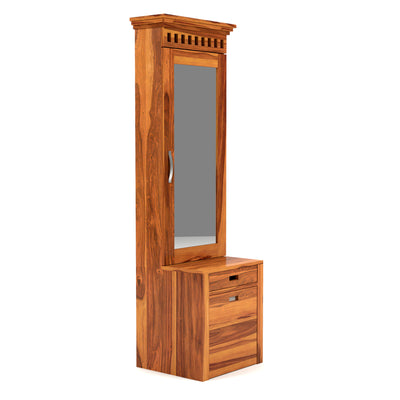 Elmanshire Sheesham Wood Dressing Table with Full-Length Mirror, Multipurpose Storage Shelves, Drawer & Cushioned Seating Stool (Honey Finish)