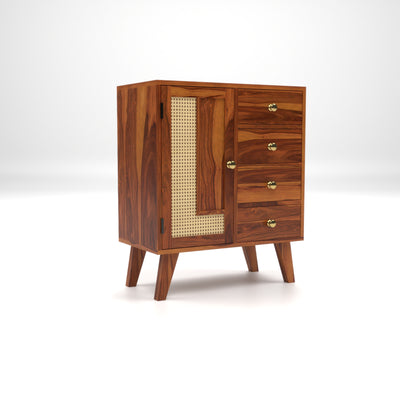 Treordale Sheesham Wood Storage Cabinet with Rattan Cane Door & 4 Drawers (Natural Finish)