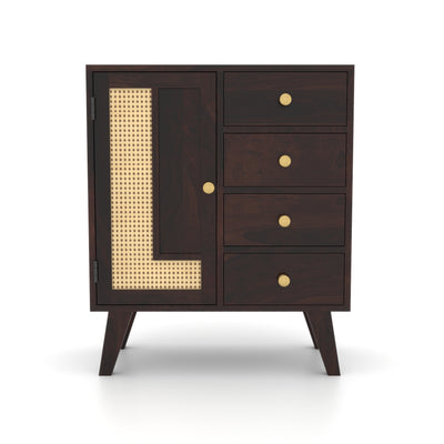 Treordale Sheesham Wood Storage Cabinet with Rattan Cane Door & 4 Drawers (Walnut Finish)