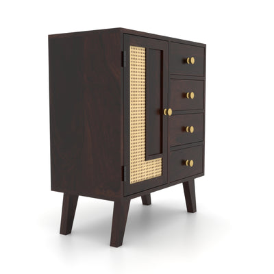 Treordale Sheesham Wood Storage Cabinet with Rattan Cane Door & 4 Drawers (Walnut Finish)