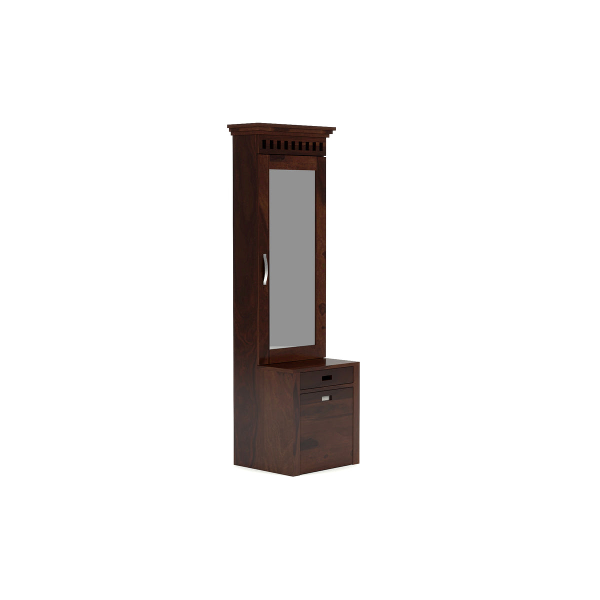 Elmanshire Sheesham Wood Dressing Table with Full-Length Mirror, Multipurpose Storage Shelves, Drawer & Cushioned Seating Stool (Walnut Finish)