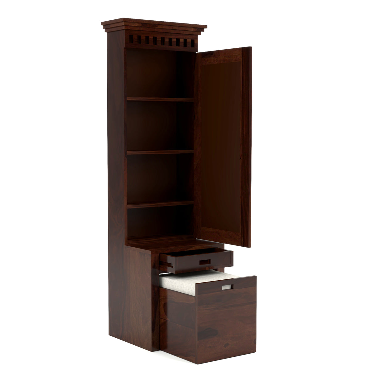 Elmanshire Sheesham Wood Dressing Table with Full-Length Mirror, Multipurpose Storage Shelves, Drawer & Cushioned Seating Stool (Walnut Finish)