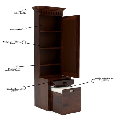 Elmanshire Sheesham Wood Dressing Table with Full-Length Mirror, Multipurpose Storage Shelves, Drawer & Cushioned Seating Stool (Walnut Finish)