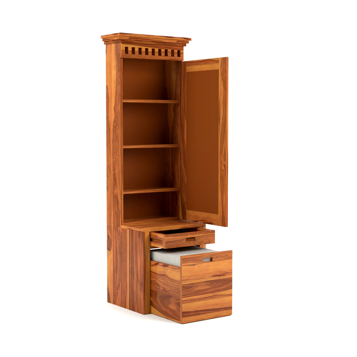Elmanshire Sheesham Wood Dressing Table with Full-Length Mirror, Multipurpose Storage Shelves, Drawer & Cushioned Seating Stool (Honey Finish)