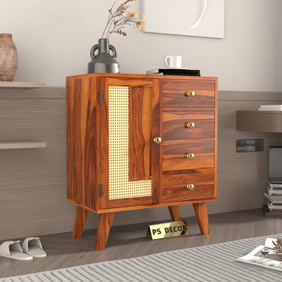 Treordale Sheesham Wood Storage Cabinet with Rattan Cane Door & 4 Drawers (Natural Finish)