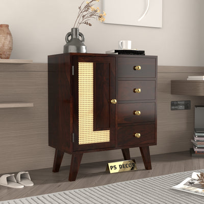 Treordale Sheesham Wood Storage Cabinet with Rattan Cane Door & 4 Drawers (Walnut Finish)