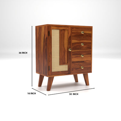 Treordale Sheesham Wood Storage Cabinet with Rattan Cane Door & 4 Drawers (Natural Finish)