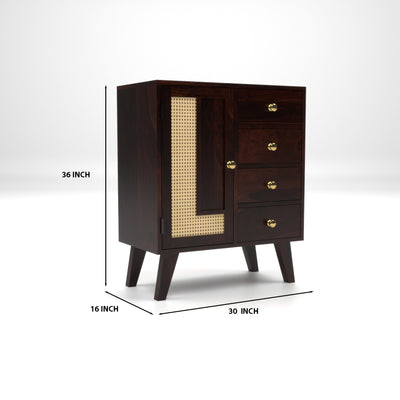 Treordale Sheesham Wood Storage Cabinet with Rattan Cane Door & 4 Drawers (Walnut Finish)