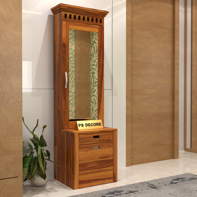 Elmanshire Sheesham Wood Dressing Table with Full-Length Mirror, Multipurpose Storage Shelves, Drawer & Cushioned Seating Stool (Honey Finish)