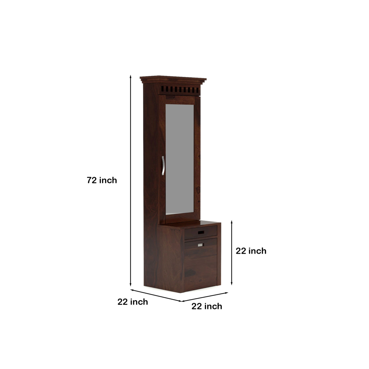 Elmanshire Sheesham Wood Dressing Table with Full-Length Mirror, Multipurpose Storage Shelves, Drawer & Cushioned Seating Stool (Walnut Finish)