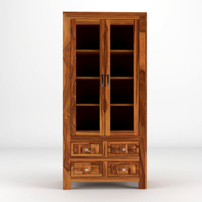Jarello Sheesham Wood Bookshelf with Acrylic Glass Doors & 4 Drawers (Natural Finish)