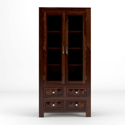 Jarello Sheesham Wood Bookshelf with Acrylic Glass Doors & 4 Drawers (Walnut Finish)