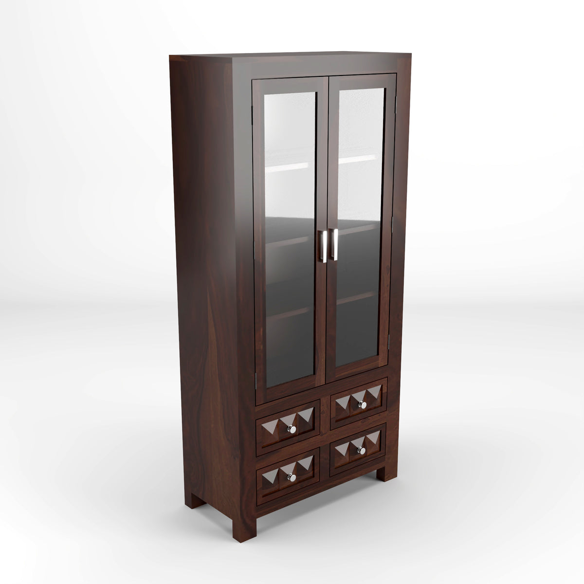 Jarello Sheesham Wood Bookshelf with Acrylic Glass Doors & 4 Drawers (Walnut Finish)