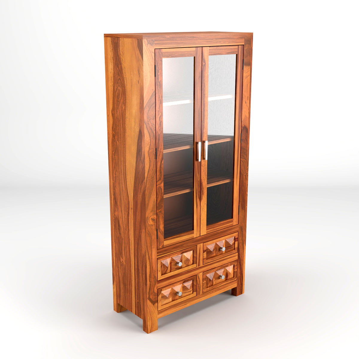 Jarello Sheesham Wood Bookshelf with Acrylic Glass Doors & 4 Drawers (Natural Finish)