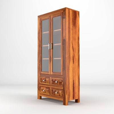 Jarello Sheesham Wood Bookshelf with Acrylic Glass Doors & 4 Drawers (Natural Finish)