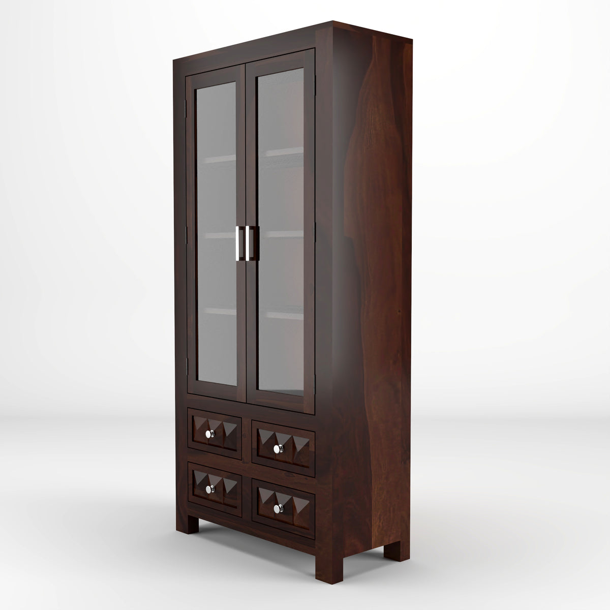Jarello Sheesham Wood Bookshelf with Acrylic Glass Doors & 4 Drawers (Walnut Finish)