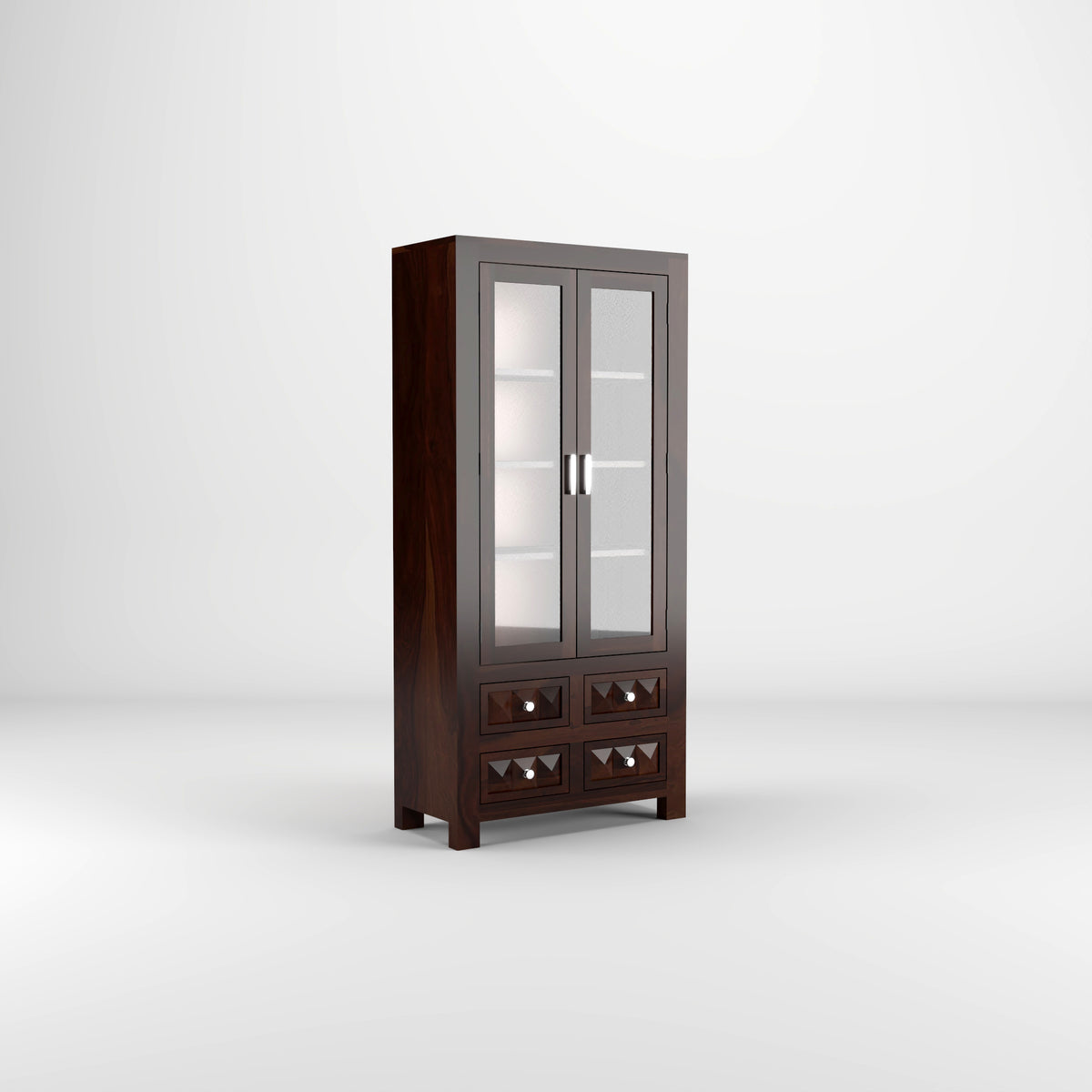 Jarello Sheesham Wood Bookshelf with Acrylic Glass Doors & 4 Drawers (Walnut Finish)