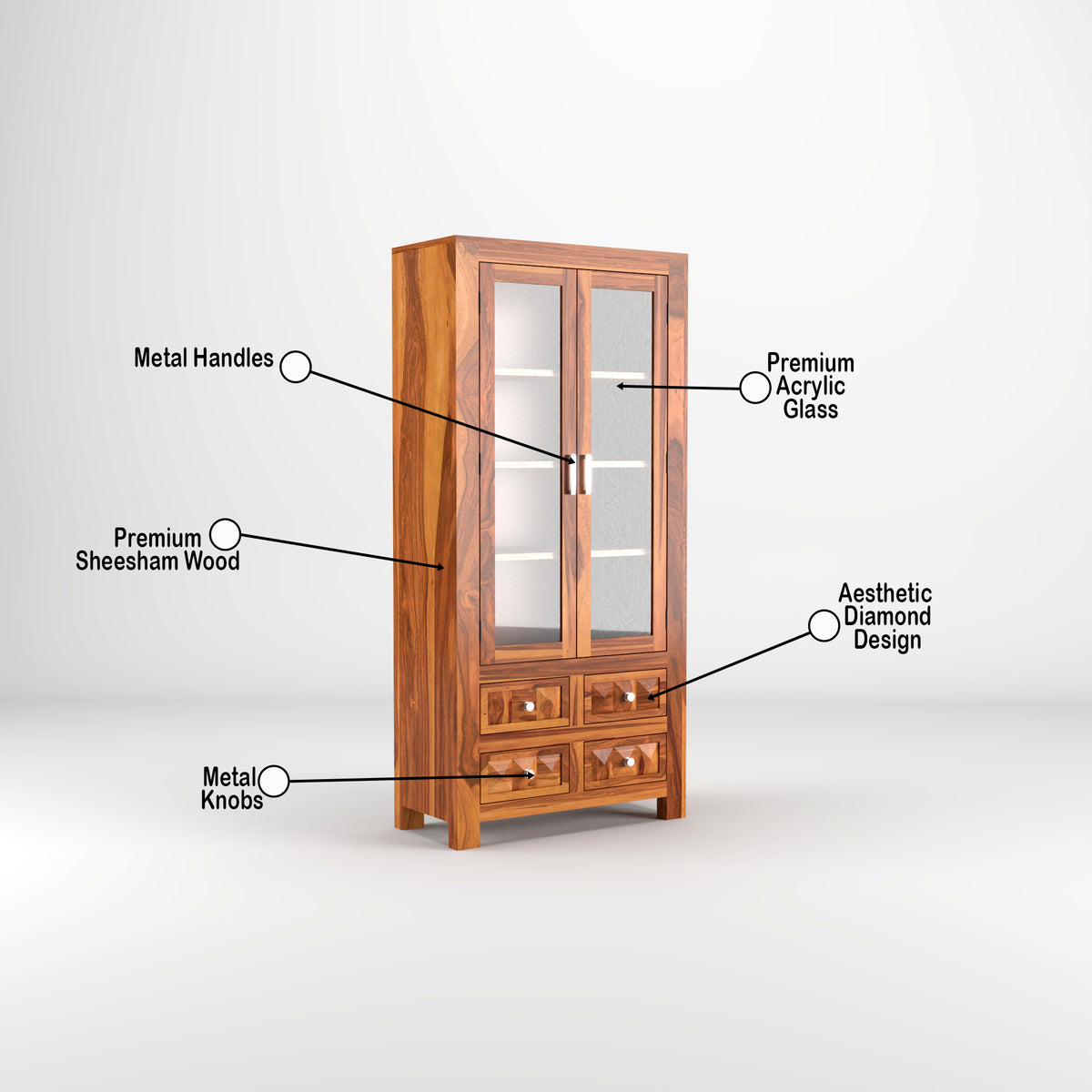 Jarello Sheesham Wood Bookshelf with Acrylic Glass Doors & 4 Drawers (Natural Finish)