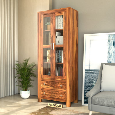 Kevia Sheesham Wood Bookshelf with Acrylic Glass Doors & 2 Drawers (Natural Finish)