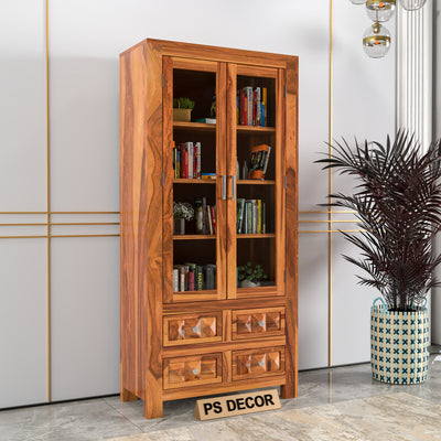 Jarello Sheesham Wood Bookshelf with Acrylic Glass Doors & 4 Drawers (Natural Finish)