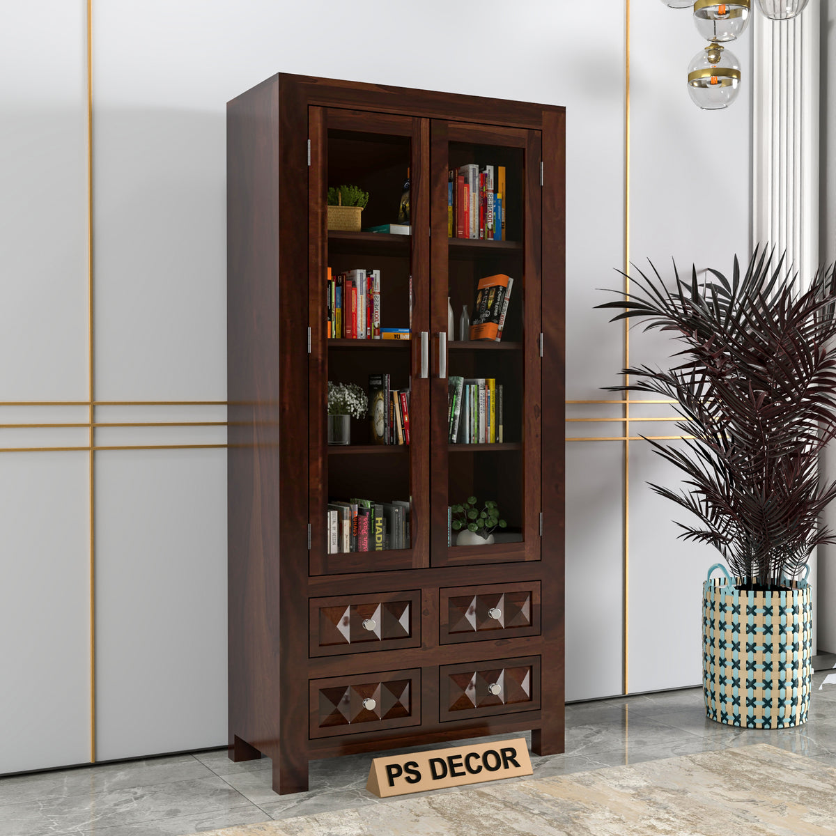 Jarello Sheesham Wood Bookshelf with Acrylic Glass Doors & 4 Drawers (Walnut Finish)