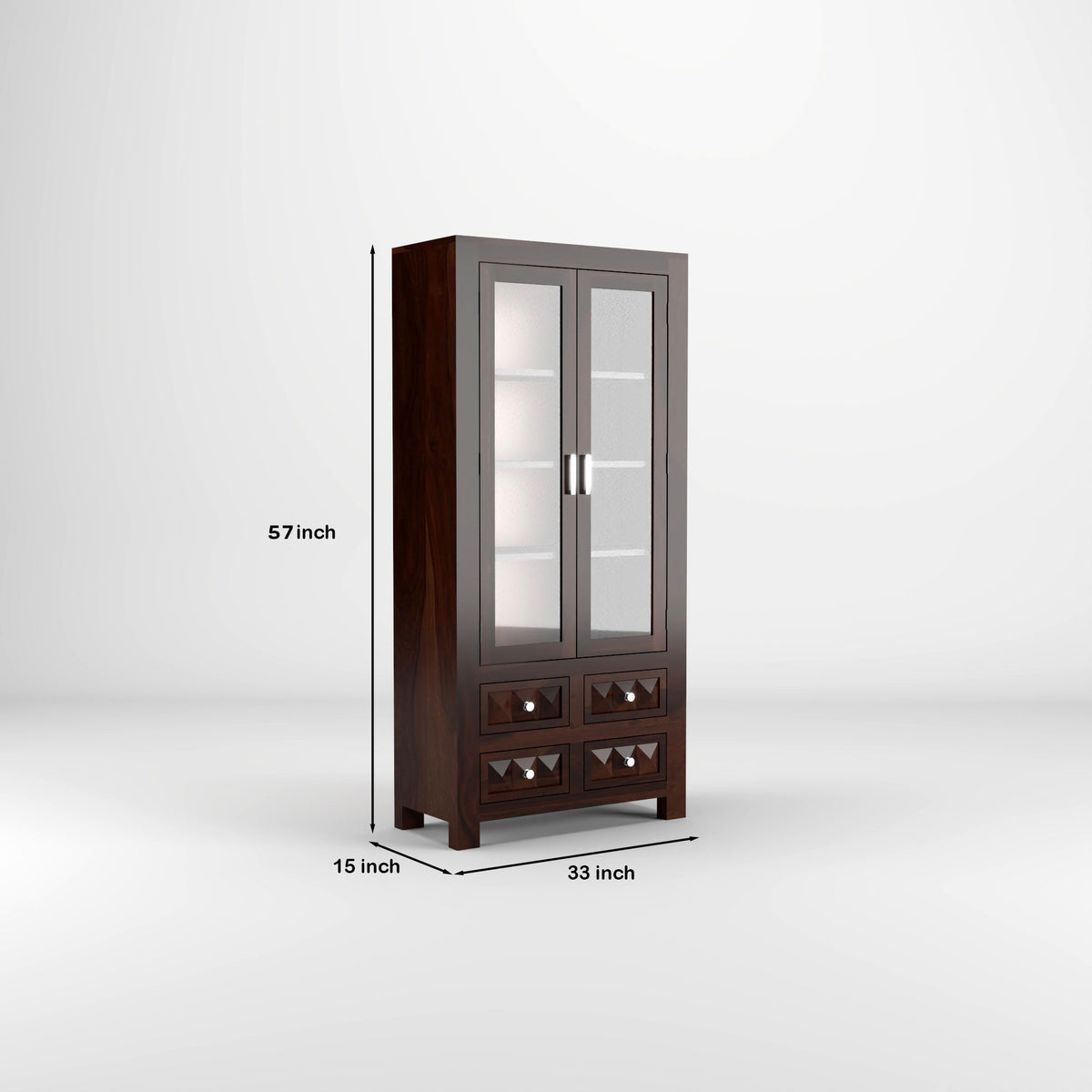 Jarello Sheesham Wood Bookshelf with Acrylic Glass Doors & 4 Drawers (Walnut Finish)