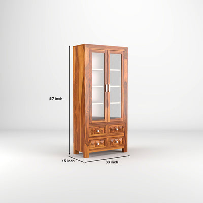 Jarello Sheesham Wood Bookshelf with Acrylic Glass Doors & 4 Drawers (Natural Finish)
