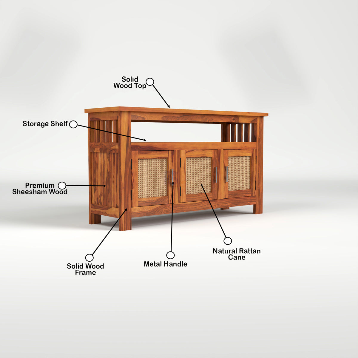 Myvrix Sheesham Wood Sideboard and Cabinets With Rattan Cane (Natural Finish)
