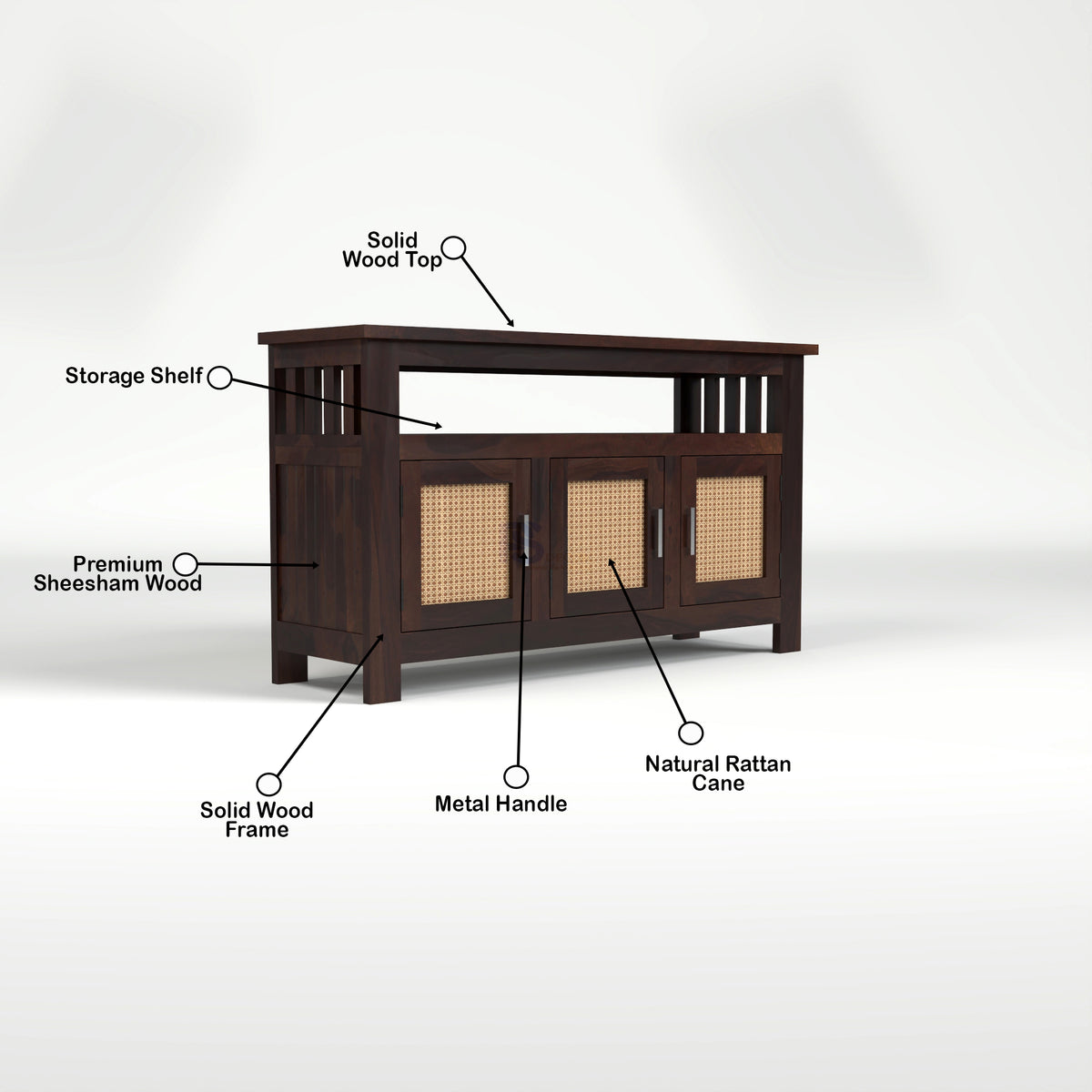 Myvrix Sheesham Wood Sideboard and Cabinets With Rattan Cane (Walnut Finish)