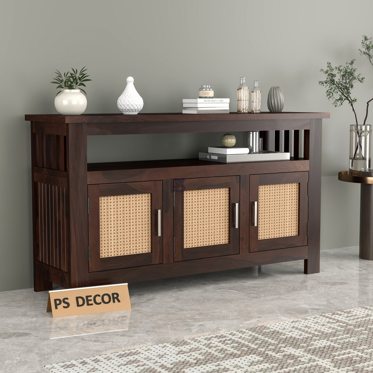 Myvrix Sheesham Wood Sideboard and Cabinets With Rattan Cane (Walnut Finish)