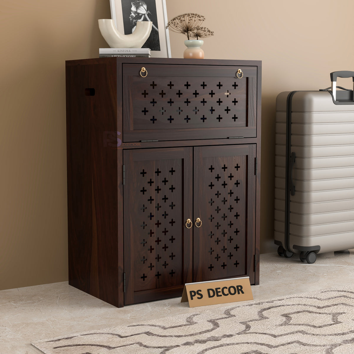 ARENA Sheesham Wood Inverter Cabinet with 2-Door Storage & Ventilated Design (Walnut Finish)