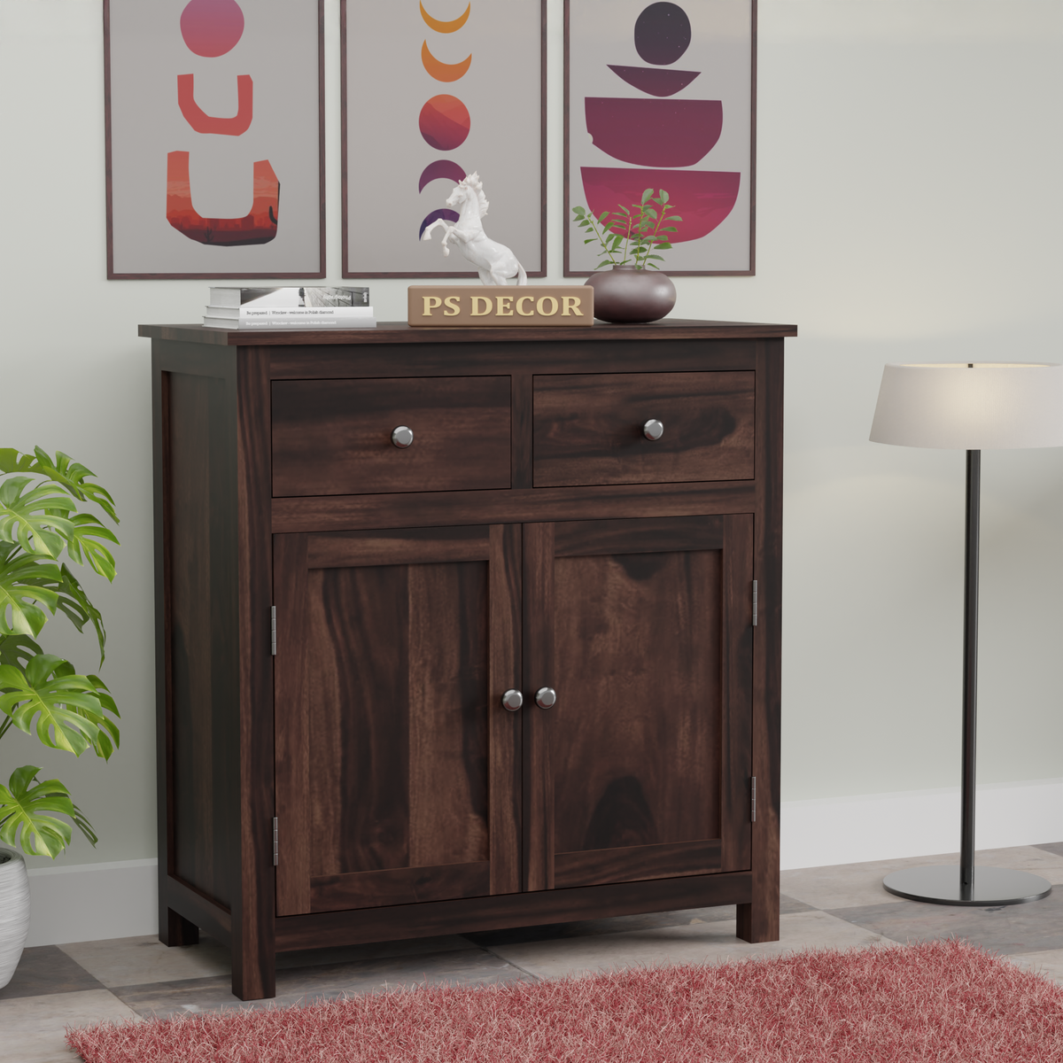 Beliello 2-Drawer Sheesham Wood Storage Cabinet Sideboard with 2-Door Storage Cabinet (Walnut Finish)