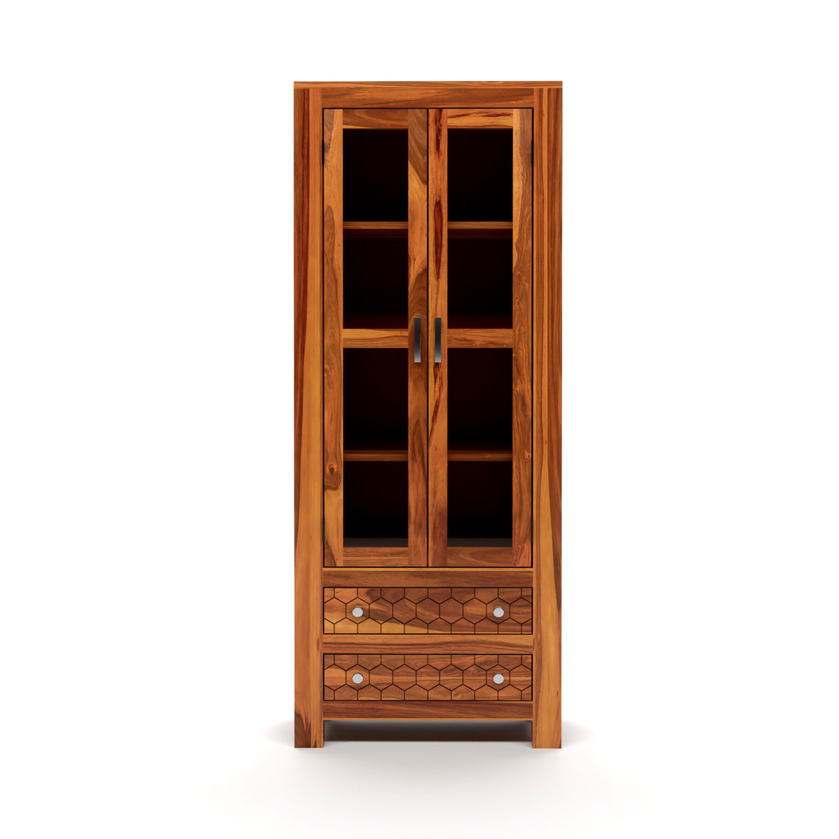 Kevia Sheesham Wood Bookshelf with Acrylic Glass Doors & 2 Drawers (Natural Finish)