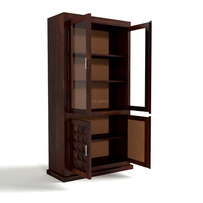 Goldenza Sheesham Wood Bookshelf Cabinet with Acrylic Glass Doors & Multipurpose Storage (Walnut Finish)