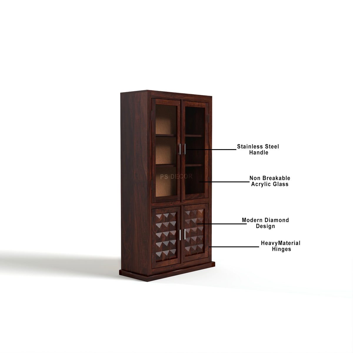 Goldenza Sheesham Wood Bookshelf Cabinet with Acrylic Glass Doors & Multipurpose Storage (Walnut Finish)