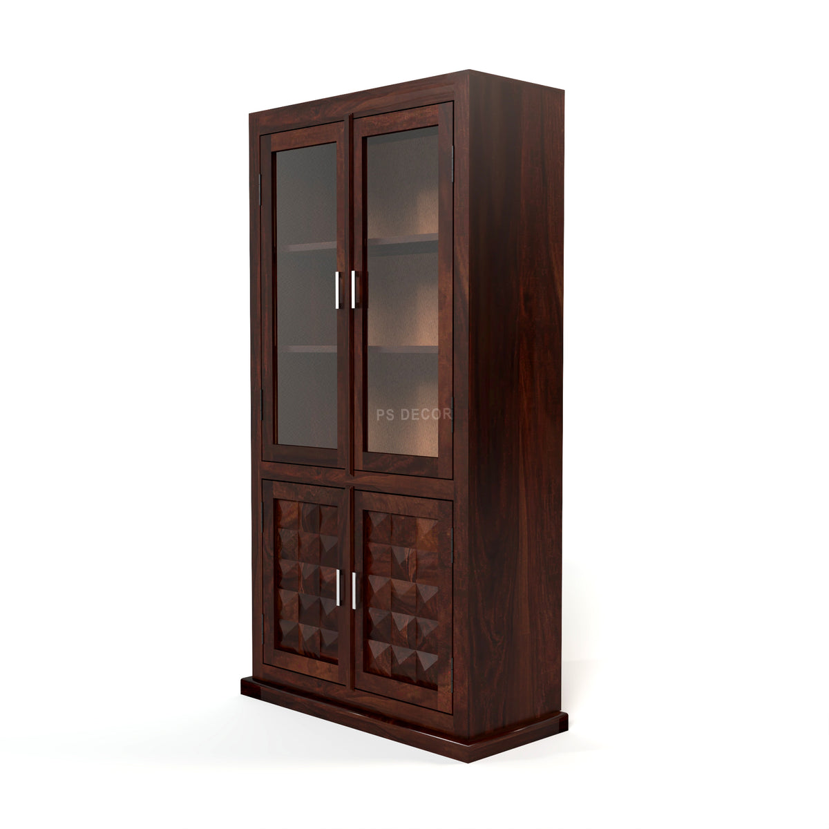 Goldenza Sheesham Wood Bookshelf Cabinet with Acrylic Glass Doors & Multipurpose Storage (Walnut Finish)