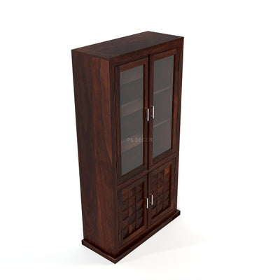 Goldenza Sheesham Wood Bookshelf Cabinet with Acrylic Glass Doors & Multipurpose Storage (Walnut Finish)
