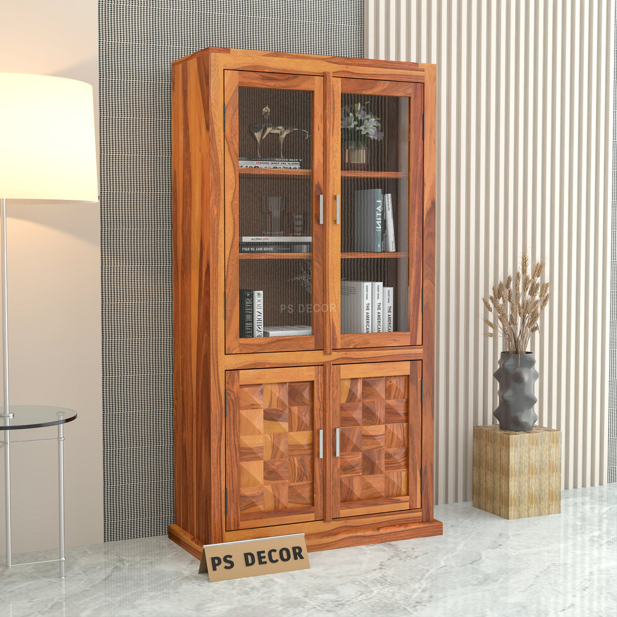 Goldenza Sheesham Wood Bookshelf Cabinet with Acrylic Glass Doors & Multipurpose Storage (Natural Finish)