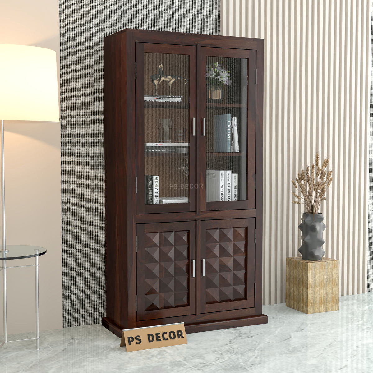 Goldenza Sheesham Wood Bookshelf Cabinet with Acrylic Glass Doors & Multipurpose Storage (Walnut Finish)